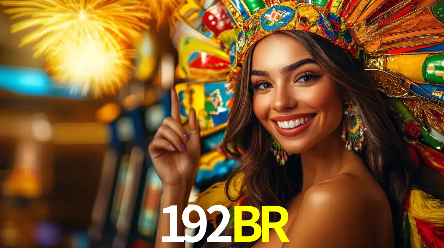Mulher sorridente com um cocar de carnaval vibrante e colorido, celebrando uma grande vitória nos jogos do cassino 192BR com fogos de artifício ao fundo.