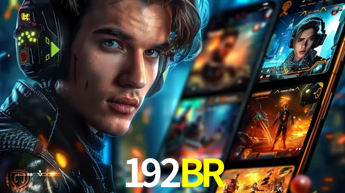 Jovem jogador com fones de ouvido olhando para a câmera, com um aplicativo de jogos e e-sports para celular ao fundo, pronto para a competição e apostas no 192BR.