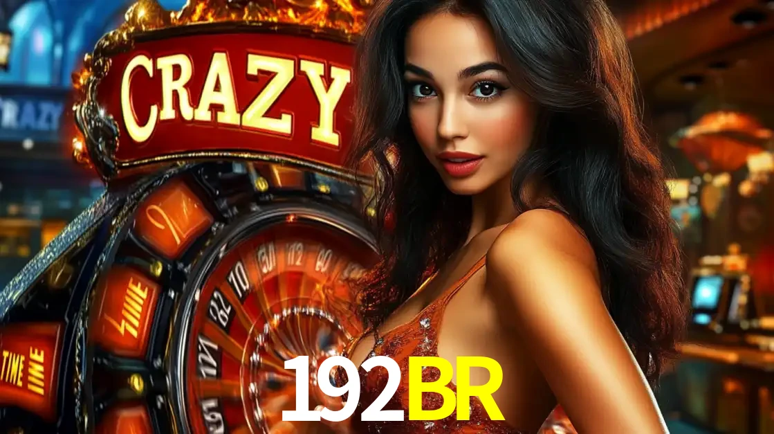 Mulher glamourosa olhando para a câmera com a roda vermelha do Crazy Time ao fundo em um ambiente de cassino, destacando a emoção dos jogos ao vivo no 192BR.