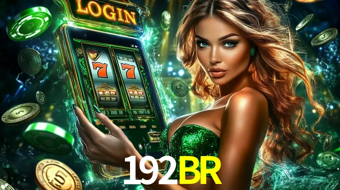 Mulher com tema verde apresentando o aplicativo do cassino 192BR com um jogo de slot de 777, cercada por fichas de cassino e uma aura de sorte.