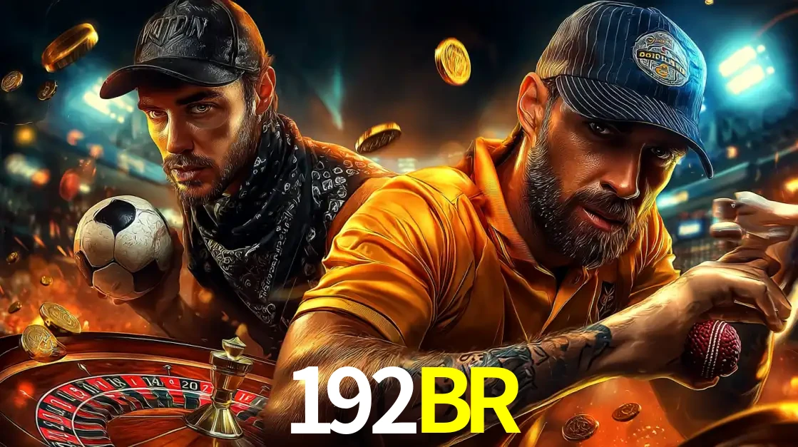 Montagem de apostas esportivas e cassino no 192BR, com um homem segurando uma bola de futebol e outro uma de beisebol sobre uma roleta e moedas voadoras.