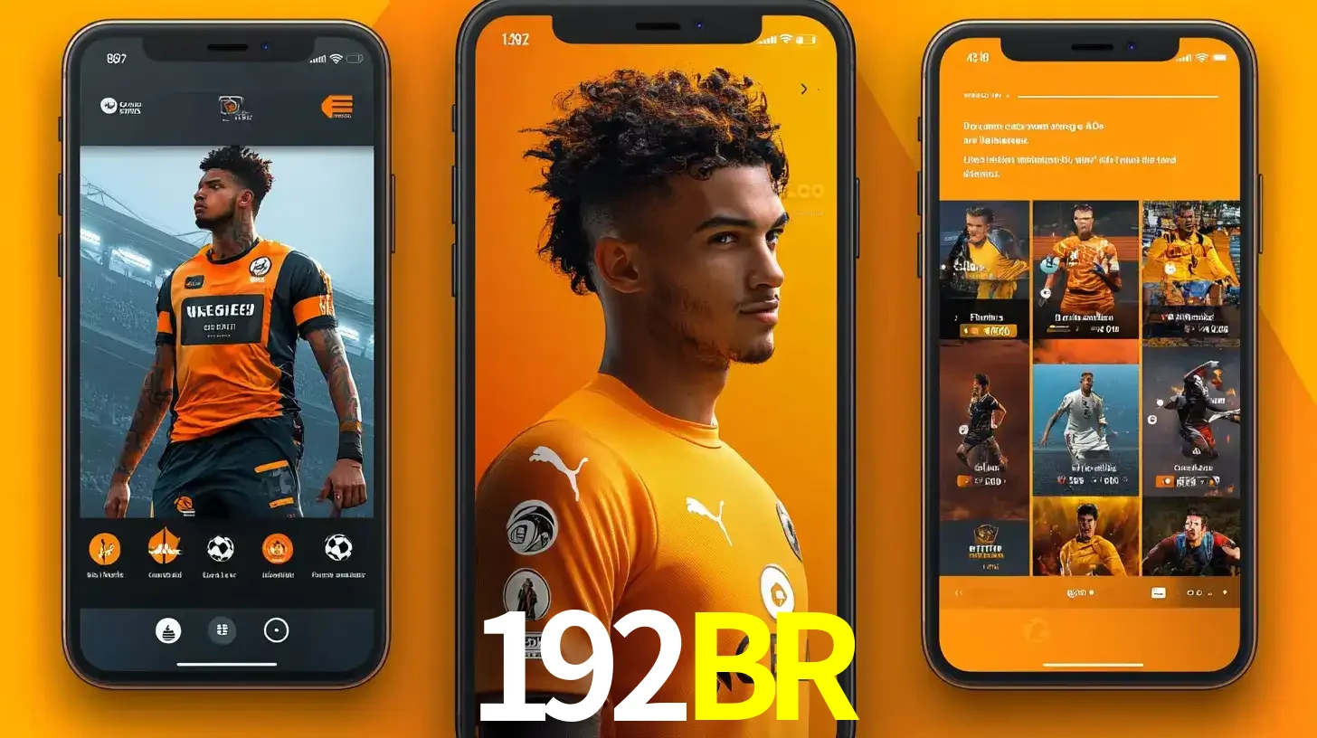 Interface do aplicativo de apostas esportivas 192BR em três telas de celular, mostrando o perfil de um jogador de futebol e a lista de jogos disponíveis para apostar.
