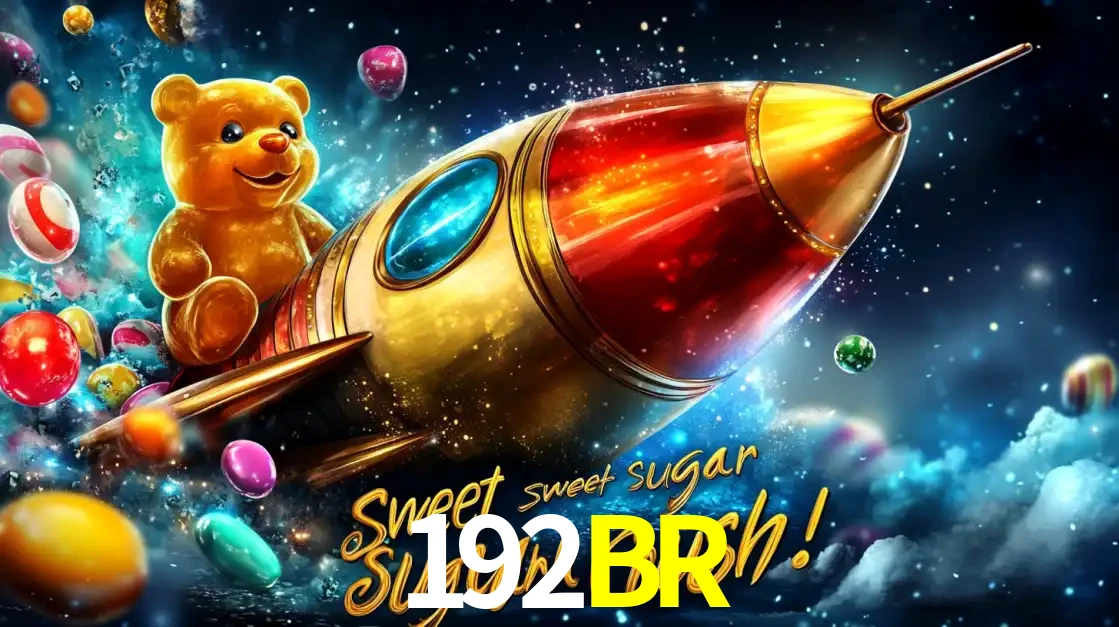 Arte promocional do jogo de slot Sugar Rush, com um urso de pelúcia em um foguete viajando pelo espaço de doces, um dos jogos divertidos disponíveis no cassino 192BR.