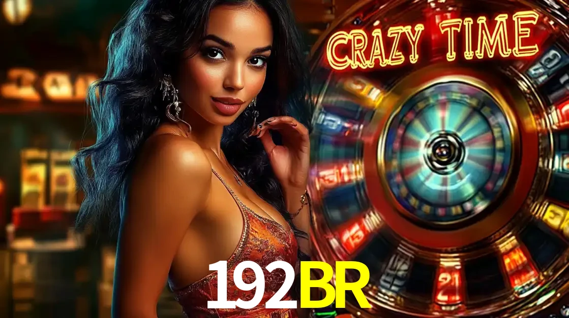 Mulher elegante ao lado da vibrante roda da fortuna do jogo de cassino ao vivo Crazy Time, um dos game shows mais populares e cheios de prêmios do 192BR.