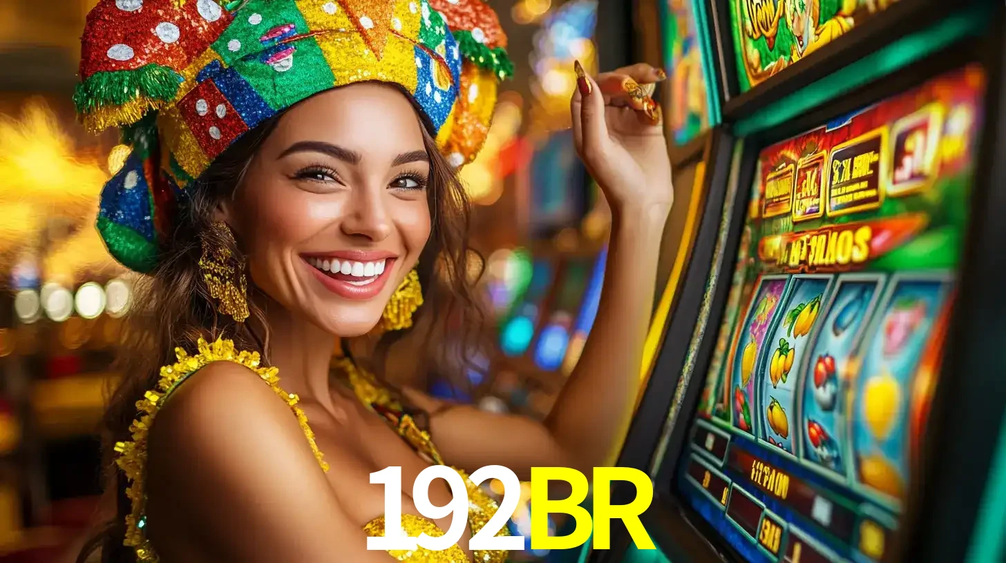 Mulher feliz com traje de carnaval amarelo e colorido ao lado de uma máquina de caça-níqueis, aproveitando a diversão e os jogos temáticos do cassino 192BR.