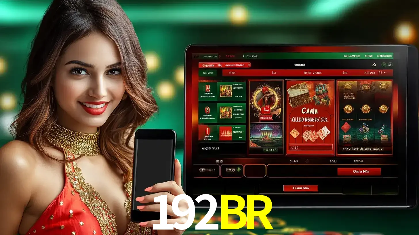 Mulher sorridente segurando um smartphone, ao lado de uma tela exibindo o lobby de jogos do cassino online 192BR, com várias opções de jogos de cartas e slots.